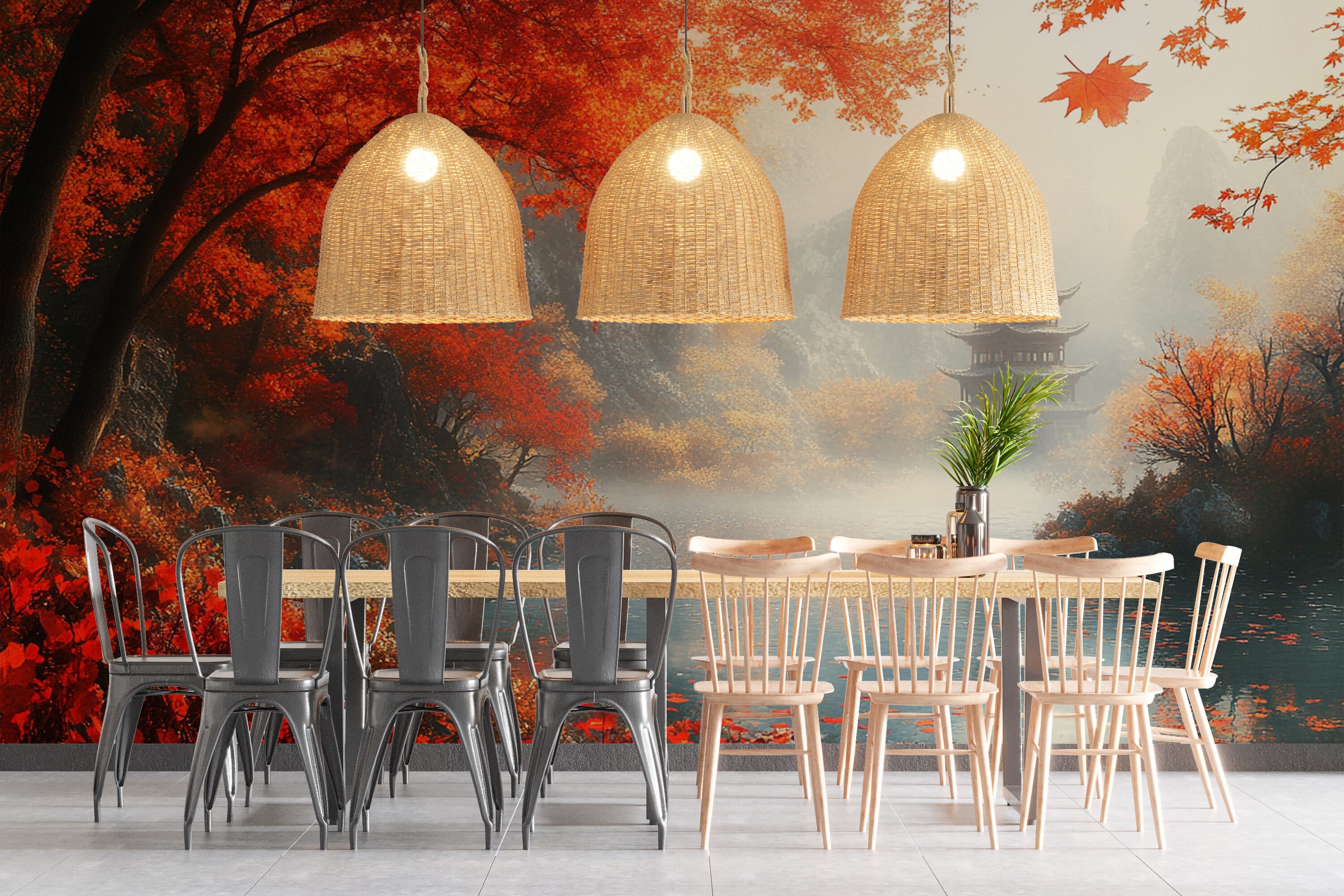 Rendered wallpaper image for Tranquil Autumn Pagoda Landscape Wall Mural