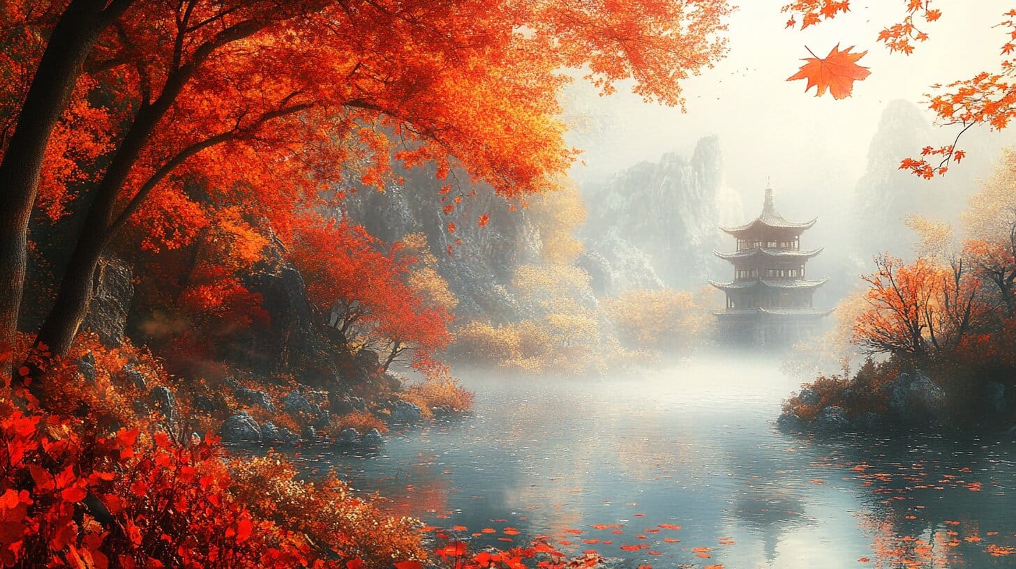 Main product image for Tranquil Autumn Pagoda Landscape Wall Mural
