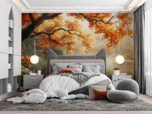 Serene autumn landscape with calm lake and vibrant foliage||