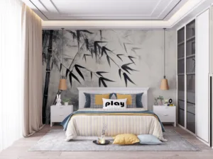 Serene depiction of bamboo stalks and leaves in a minimalist style.||