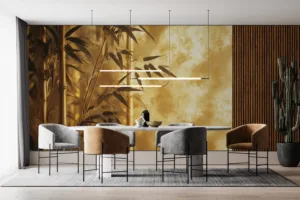 Serene bamboo setting with a warm glow background||