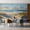 Serene beach scene with sandy dunes and ocean in the background.||