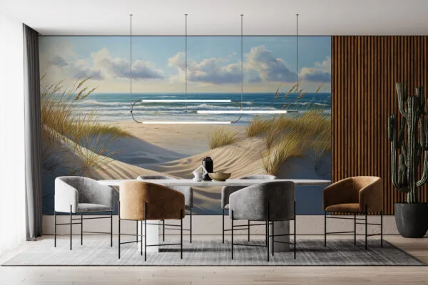 Serene beach scene with sandy dunes and ocean in the background.