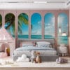Tranquil beach scene with clear blue skies and palm trees