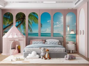 Tranquil beach scene with clear blue skies and palm trees||