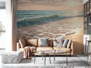 Serene beach scene at sunset with soft blues and greens of ocean waves and warm sandy beach tones.