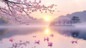 Alternative view of Tranquil Cherry Blossom Lake Wall Mural