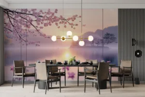 Serene lakeside landscape with cherry blossom trees at sunrise||