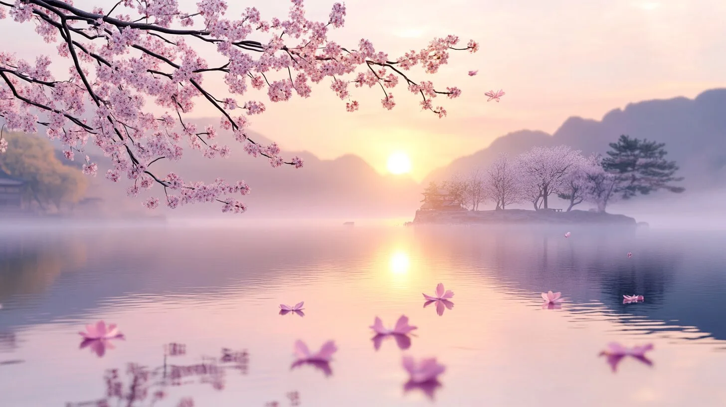 Main product image for Tranquil Cherry Blossom Lake Wall Mural