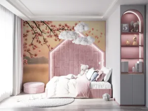 Tranquil cherry blossom landscape at sunrise or sunset||