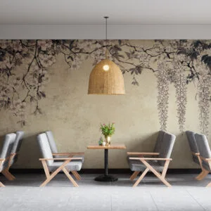 Delicate cherry blossoms and wisteria against a textured light background.
