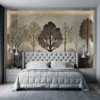 Stylized landscape featuring abstract trees in shades of brown and gold.||