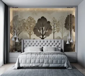 Stylized landscape featuring abstract trees in shades of brown and gold.