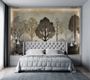 Stylized landscape featuring abstract trees in shades of brown and gold.||
