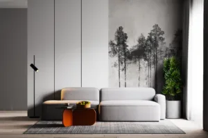 Serene landscape of tall pines against a muted background.||