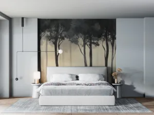 Serene forest scene with tall trees and misty background||