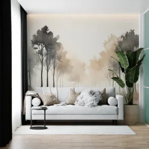 Watercolor landscape of trees in a serene forest setting