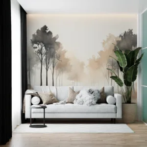 Watercolor landscape of trees in a serene forest setting||