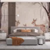 Three deer in a serene forest surrounded by mist and flowers.||