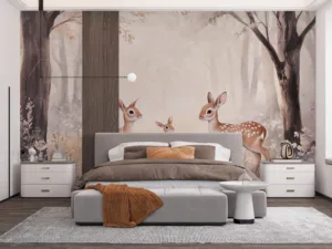 Three deer in a serene forest surrounded by mist and flowers.||