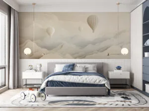 Hot air balloons in a serene mountainous landscape with soft colors.