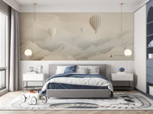 Hot air balloons in a serene mountainous landscape with soft colors.||