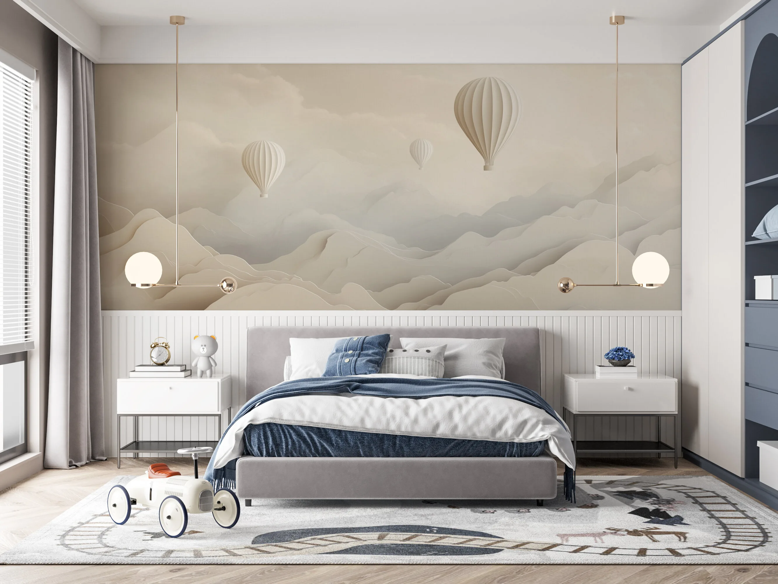 Rendered wallpaper image for Tranquil Hot Air Balloons in a Dreamlike Landscape Wall Mural
