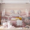 A serene landscape featuring soft pinks and grays