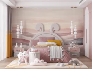 A serene landscape featuring soft pinks and grays
