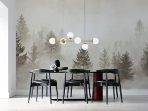 Misty forest scene with tall trees and soft fog