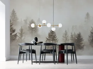 Misty forest scene with tall trees and soft fog||