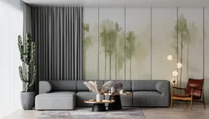 Misty forest landscape in soft watercolor with tall trees creating a serene atmosphere.||
