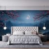 Serene moonlit landscape with mountains and cherry blossoms