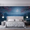 Serene moonlit landscape with mountains and cherry blossoms||