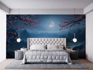 Serene moonlit landscape with mountains and cherry blossoms