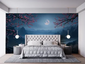 Serene moonlit landscape with mountains and cherry blossoms||