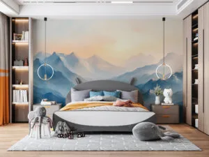 Serene mountainous landscape at sunrise with shades of blue and warm tones