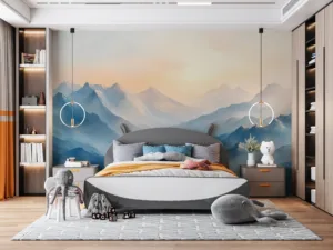 Serene mountainous landscape at sunrise with shades of blue and warm tones||