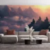 Three figures meditating on a rocky outcrop with a colorful sky and mountains in the background.||