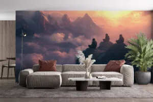 Three figures meditating on a rocky outcrop with a colorful sky and mountains in the background.