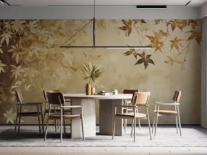 Textured background with soft warm colors and illustrated leaves|conveying tranquility and nature.|