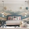 Stylized landscape with rolling hills and hot air balloons in a paper-like texture.||