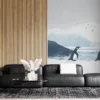 Three penguins standing on a snowy landscape with icy mountains in the background.||