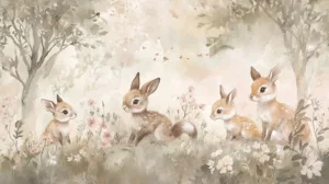Alternative view of Tranquil Rabbits in Bloom Wall Mural