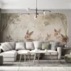 Illustration of four rabbits in a serene meadow surrounded by flowers.||