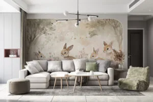 Illustration of four rabbits in a serene meadow surrounded by flowers.