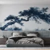 Stylized tree in serene landscape with blue hues||