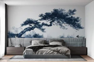 Stylized tree in serene landscape with blue hues