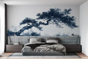 Stylized tree in serene landscape with blue hues||