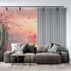 Tranquil landscape at sunrise with cherry blossoms and serene water